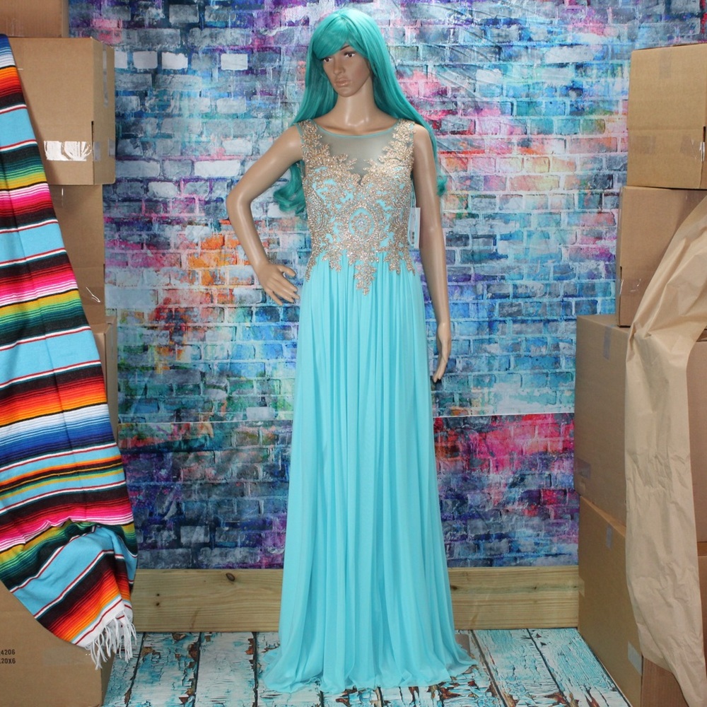 JVN JOVANI Aqua & Gold Illusion Gown! JVN31494